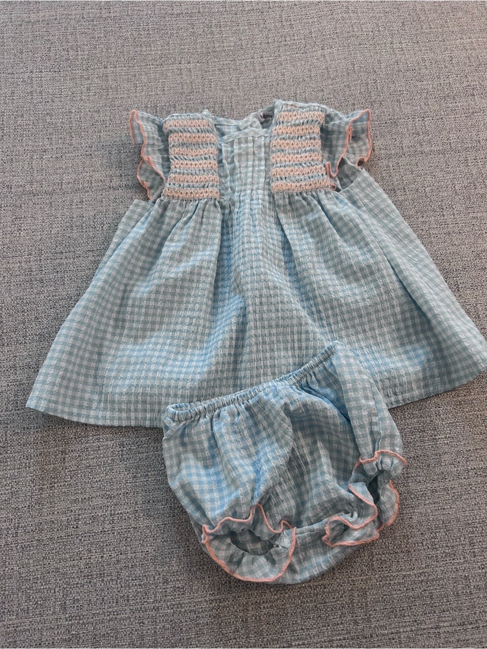 Babidu Blue & Peach 2 Piece Set. Seersuker with smocking & Bloomers. Size 12M